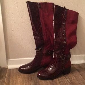 Burgundy velvet and crocodile skin knee high boots